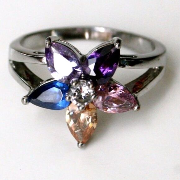 18KGP White Gold Pink Purple Blue Flower Ring Silver Tone- Size 8.5 - Picture 1 of 5